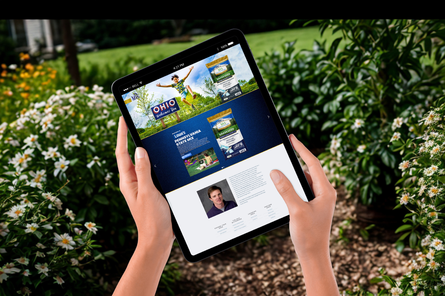 mvslawn.com on an ipad in the garden